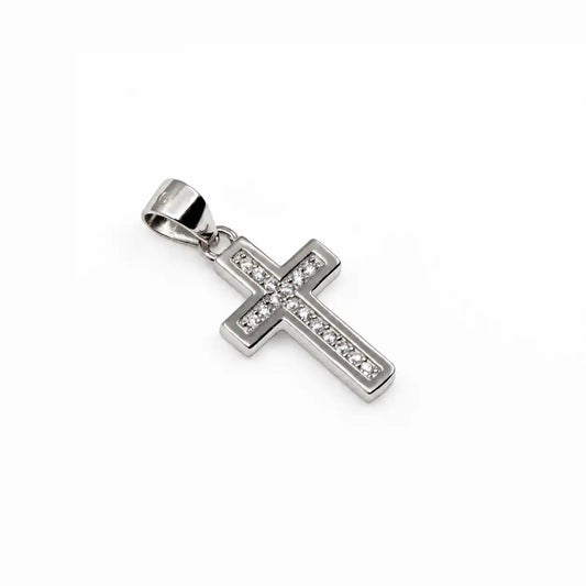 Breiter Kreuz Anhänger aus Silber 925 mit runden weißen Zirkonia-Steinen und rhodinierter Oberfläche für Damen und Herren.