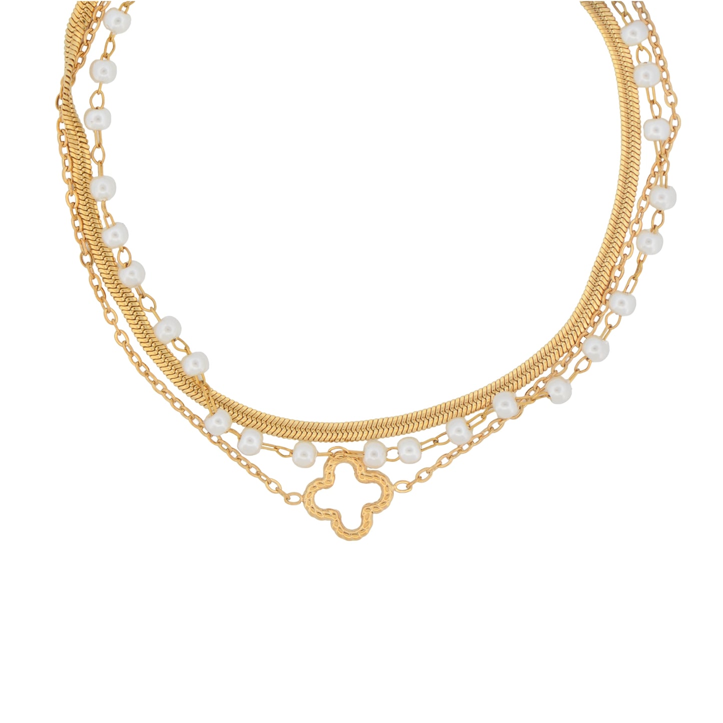 3-reihiges Edelstahl Armband in Goldfarbe mit Perlen und Blumenanhänger