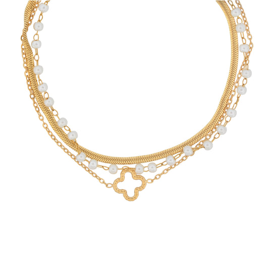 3-reihiges Edelstahl Armband in Goldfarbe mit Perlen und Blumenanhänger