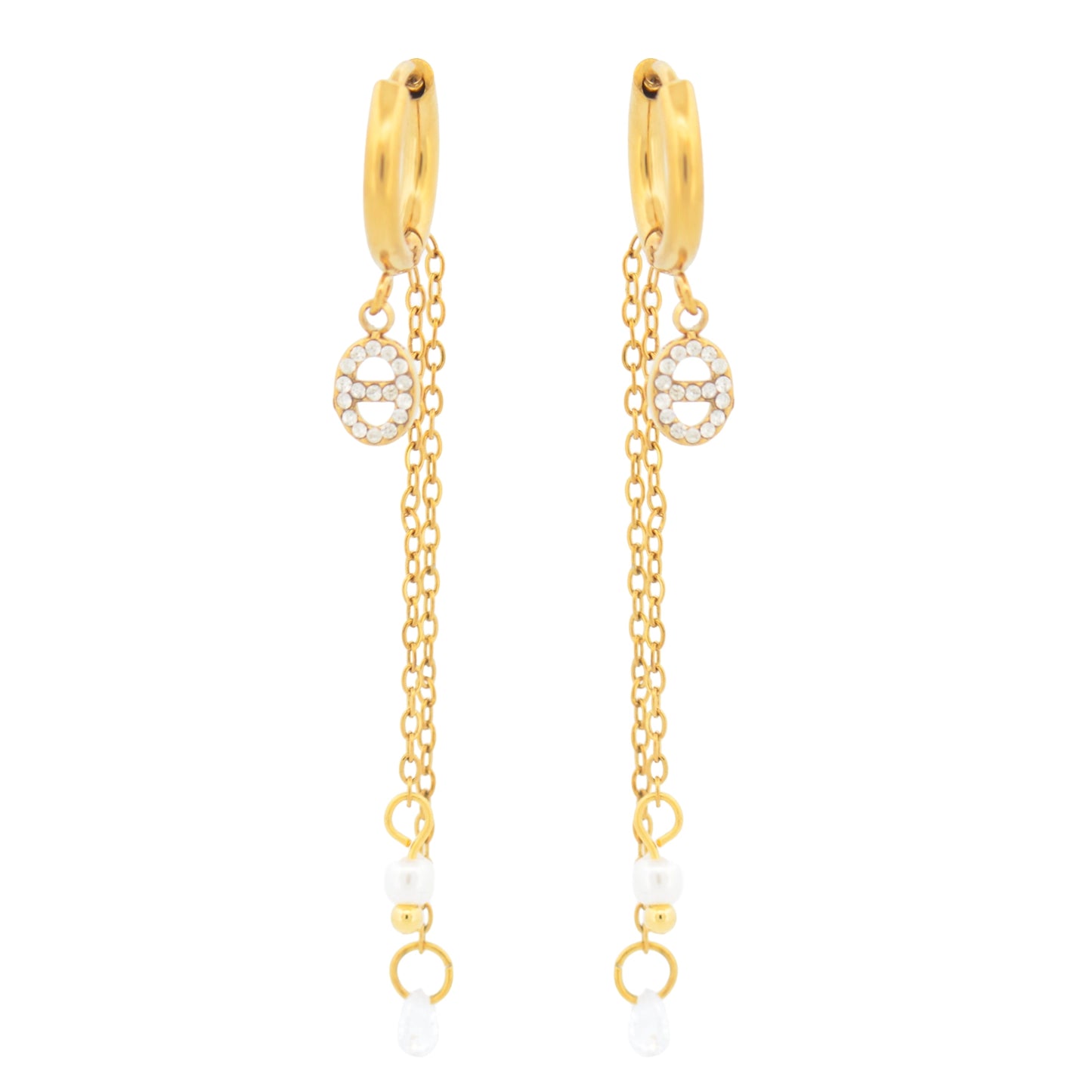 Diese hängenden Edelstahl Ohrringe in Goldfarbe vereinen funkelnde weiße Zirkonia mit einer eleganten Perle. Mit einer Länge von 55 mm sind sie besonders leicht und verleihen jedem Outfit einen stilvollen Look.