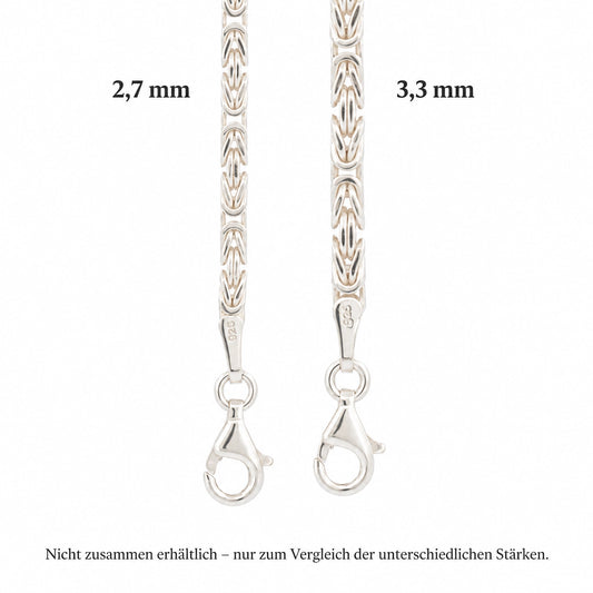Grössenvergleich 925 Silber Königskette 2,7 mm und 3,3 mm mit Karabinerverschluss und 925 Stempel