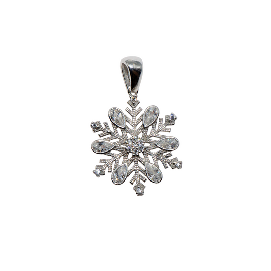 Eleganter Schneeflocke Anhänger aus rhodiniertem Silber 925 mit ovalen weissen Zirkonia im Tropfen-Schliff von Everyday Schmuck