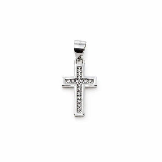 Breiter Kreuz Anhänger aus Silber 925 mit runden weißen Zirkonia-Steinen und rhodinierter Oberfläche für Damen und Herren.