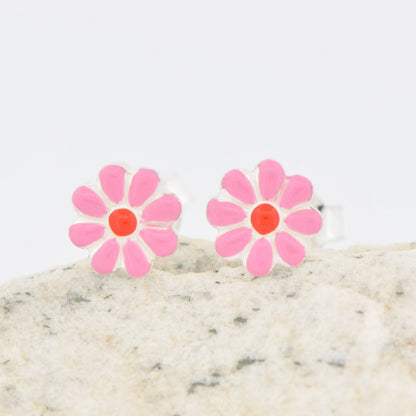 Blumen Ohrstecker Kinder Silber 925 pink und rot mit Butterfly-Verschluss, Seitenansicht