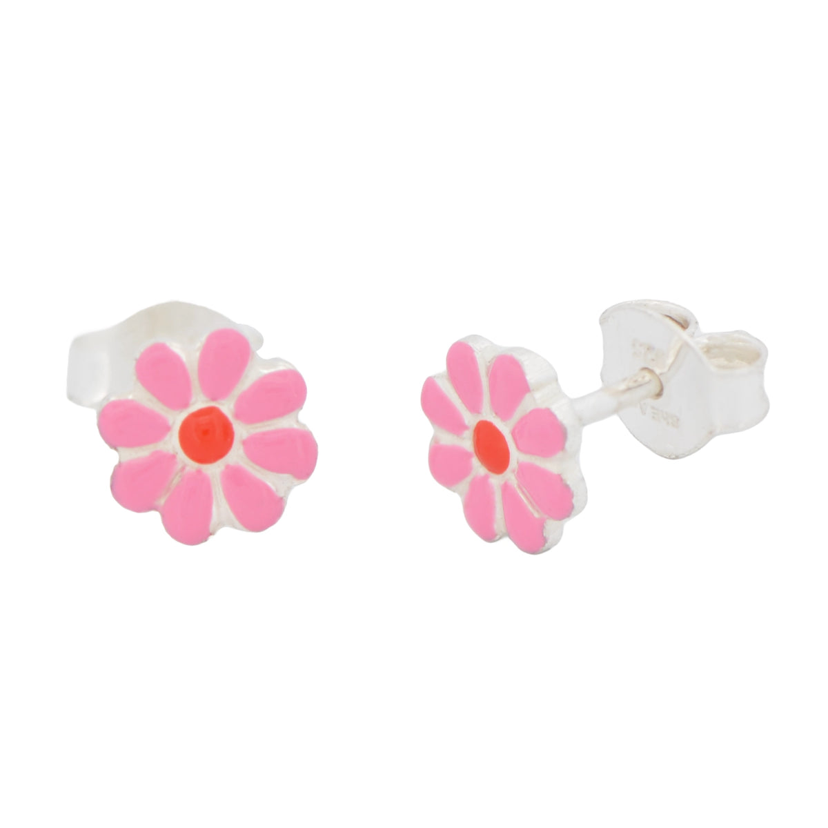 Blumen Ohrstecker für Kinder aus Silber 925 mit pinker Emaille auf Stein