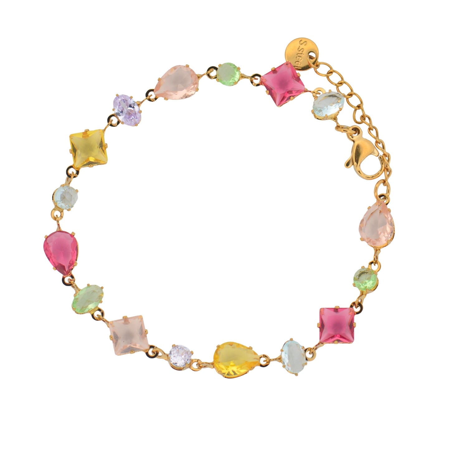 Buntes Edelstahl Armband in Goldfarbe mit geometrischen Schmucksteinen