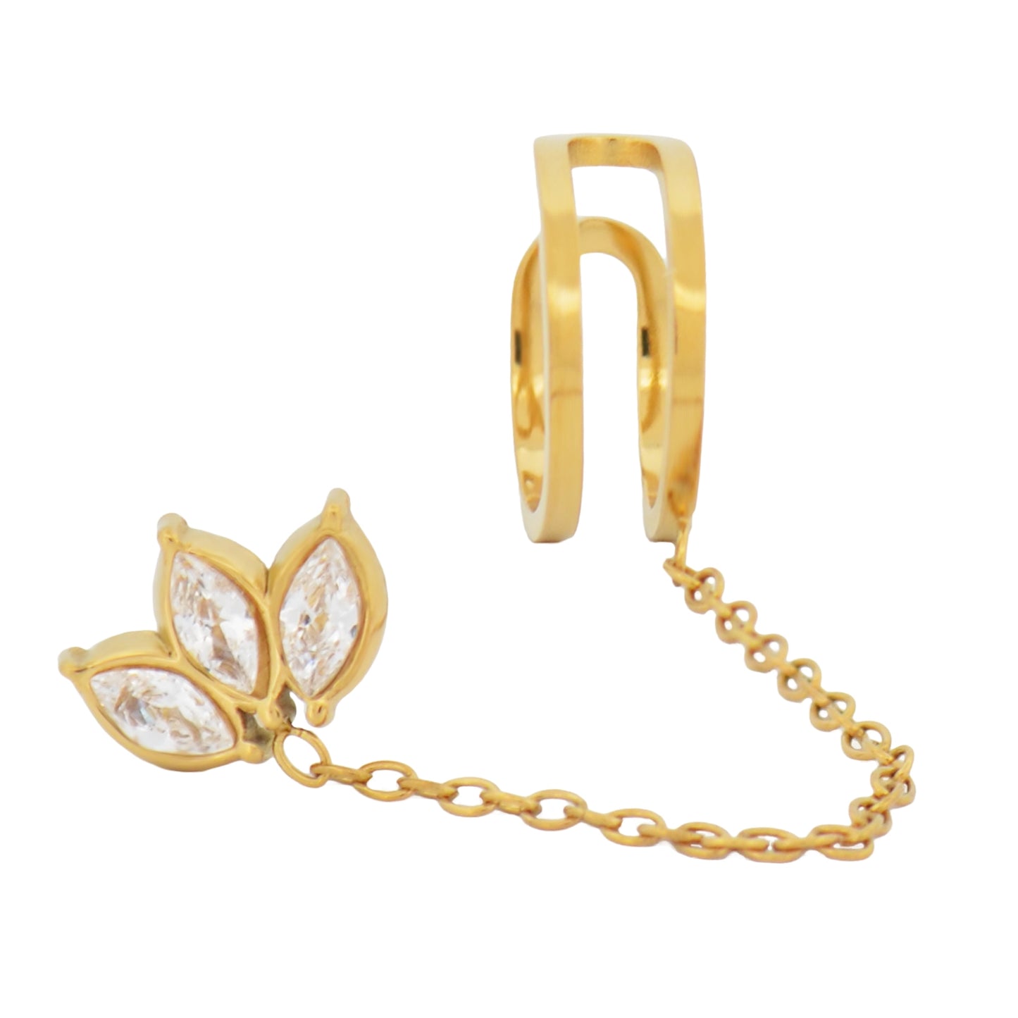 Diese eleganten Ear Cuff Ohrringe aus Edelstahl verbinden einen modernen Ear Cuff mit einer feinen Kette und einem funkelnden blattförmigen Zirkonia