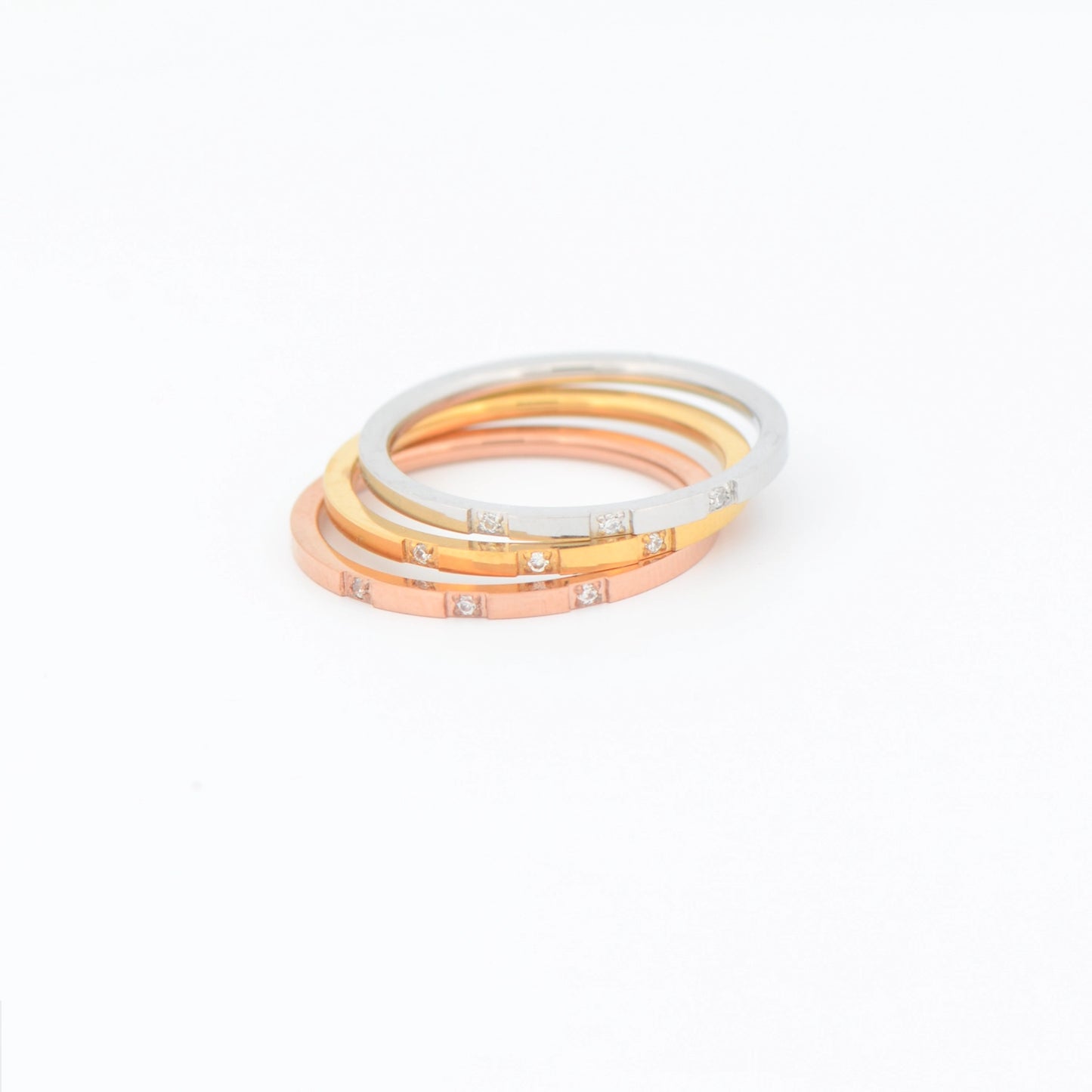 3er Ring Set aus Edelstahl mit Zirkonia – Goldfarbe, Silberfarbe & Roségoldfarbe