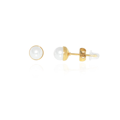 Edelstahl Ohrstecker mit weißer Perlenoptik Goldfarben 6 mm