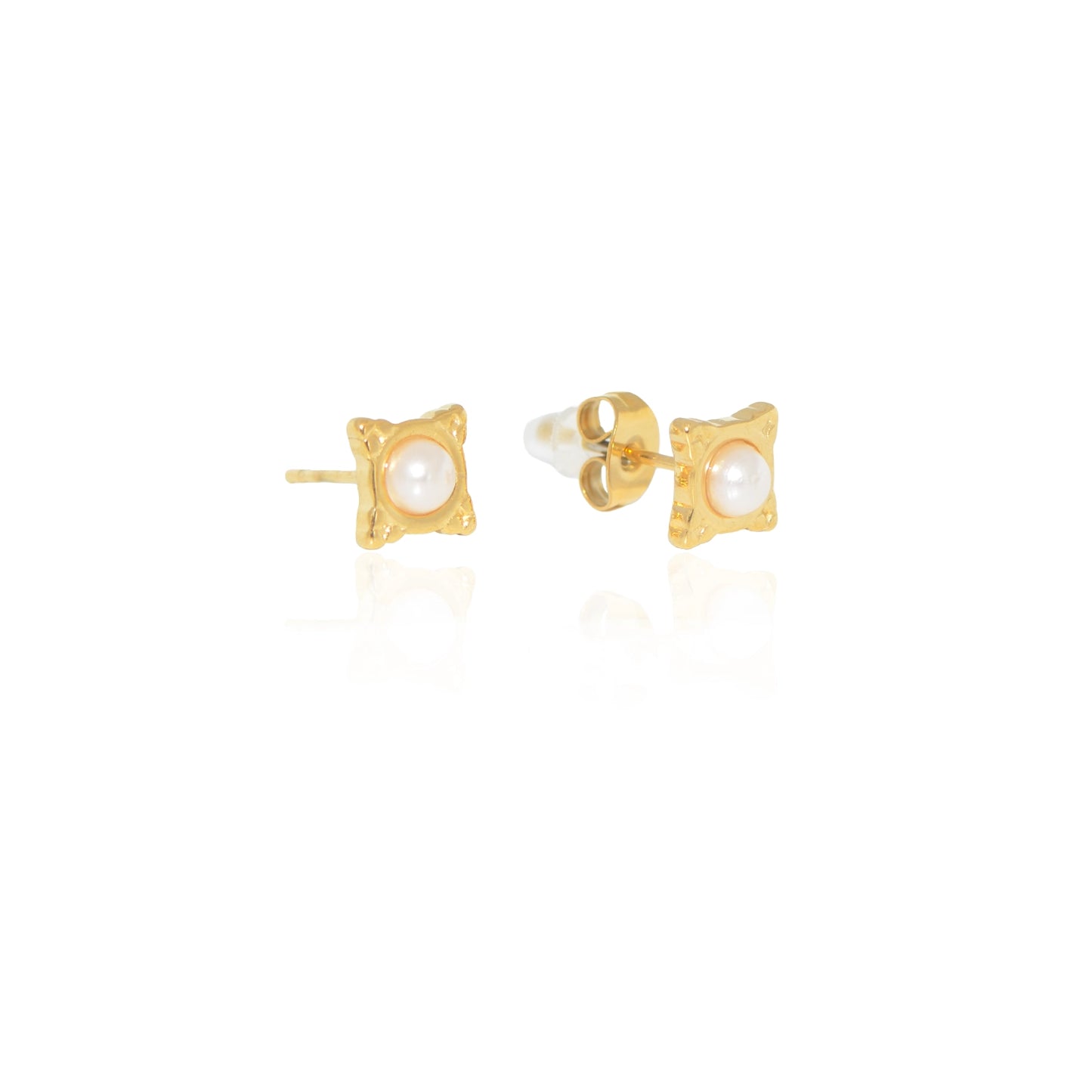 Quadratische Edelstahl Ohrstecker mit weisser Perlenoptik Goldfarben 7 mm