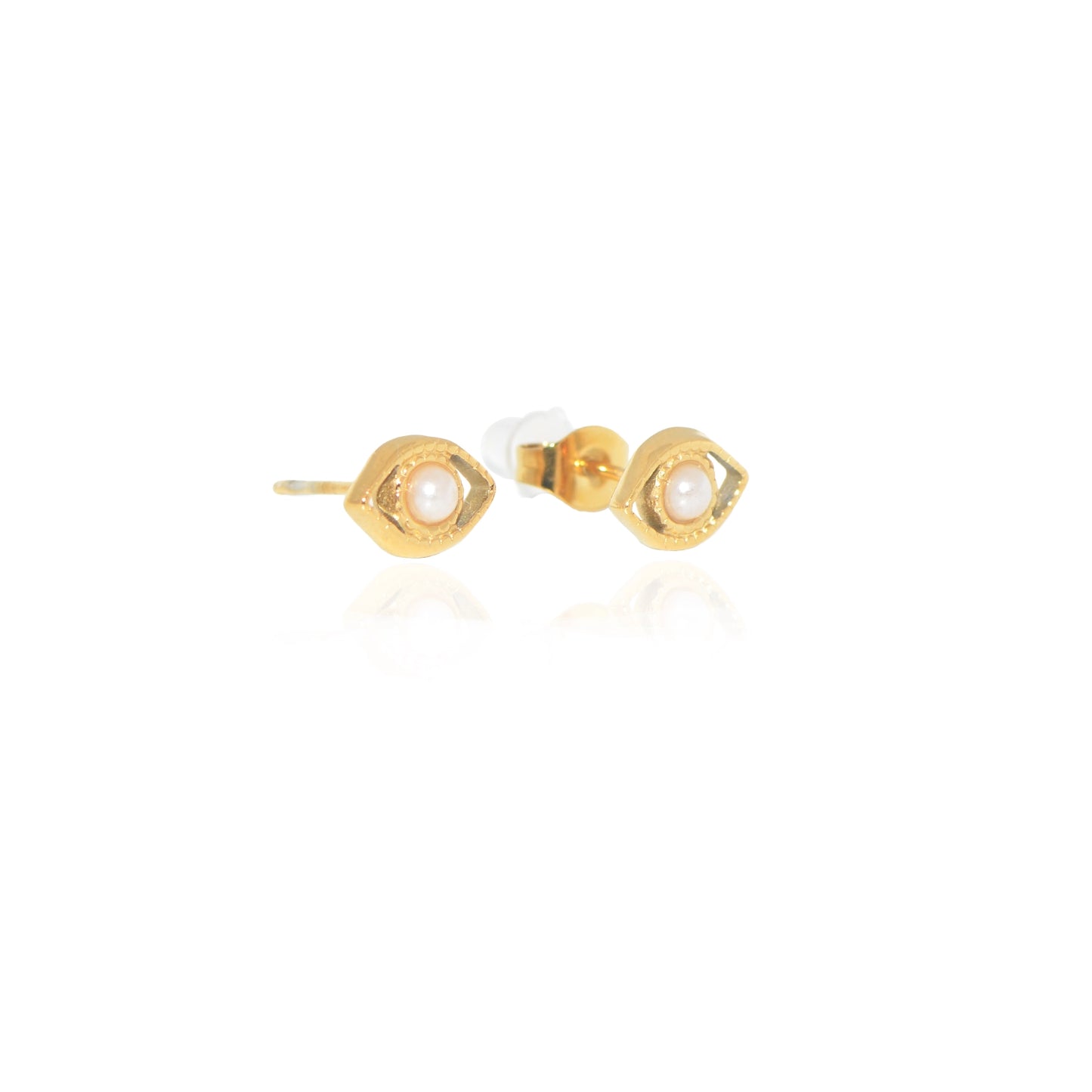 Edelstahl Ohrstecker in Augenform mit weisser Perlenoptik Goldfarben 6 mm
