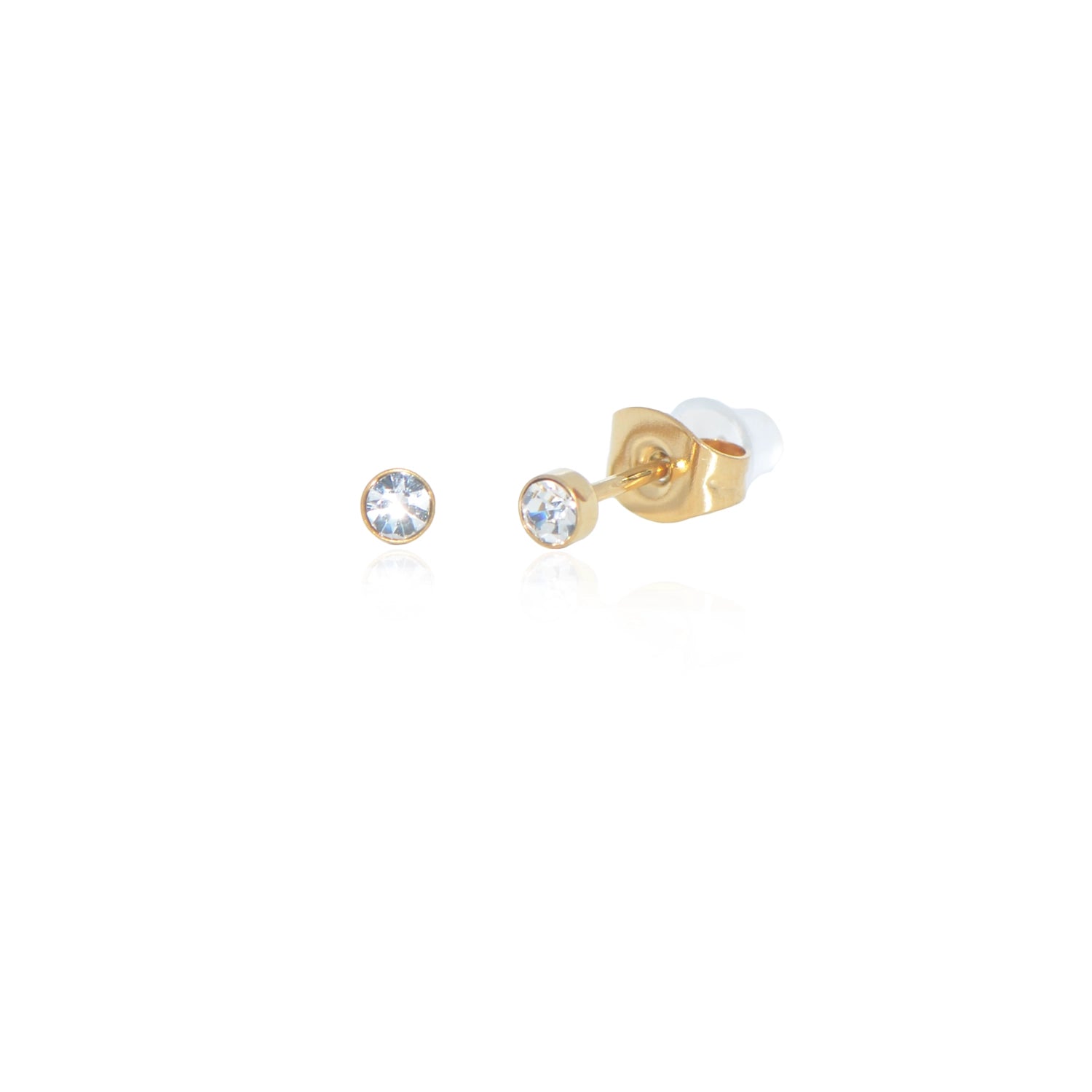 Kleine Solitär Ohrstecker aus goldfarbenem Edelstahl mit weissem Zirkon, 3 mm, wasserfeste Damenohrringe von EverydaySchmuck.