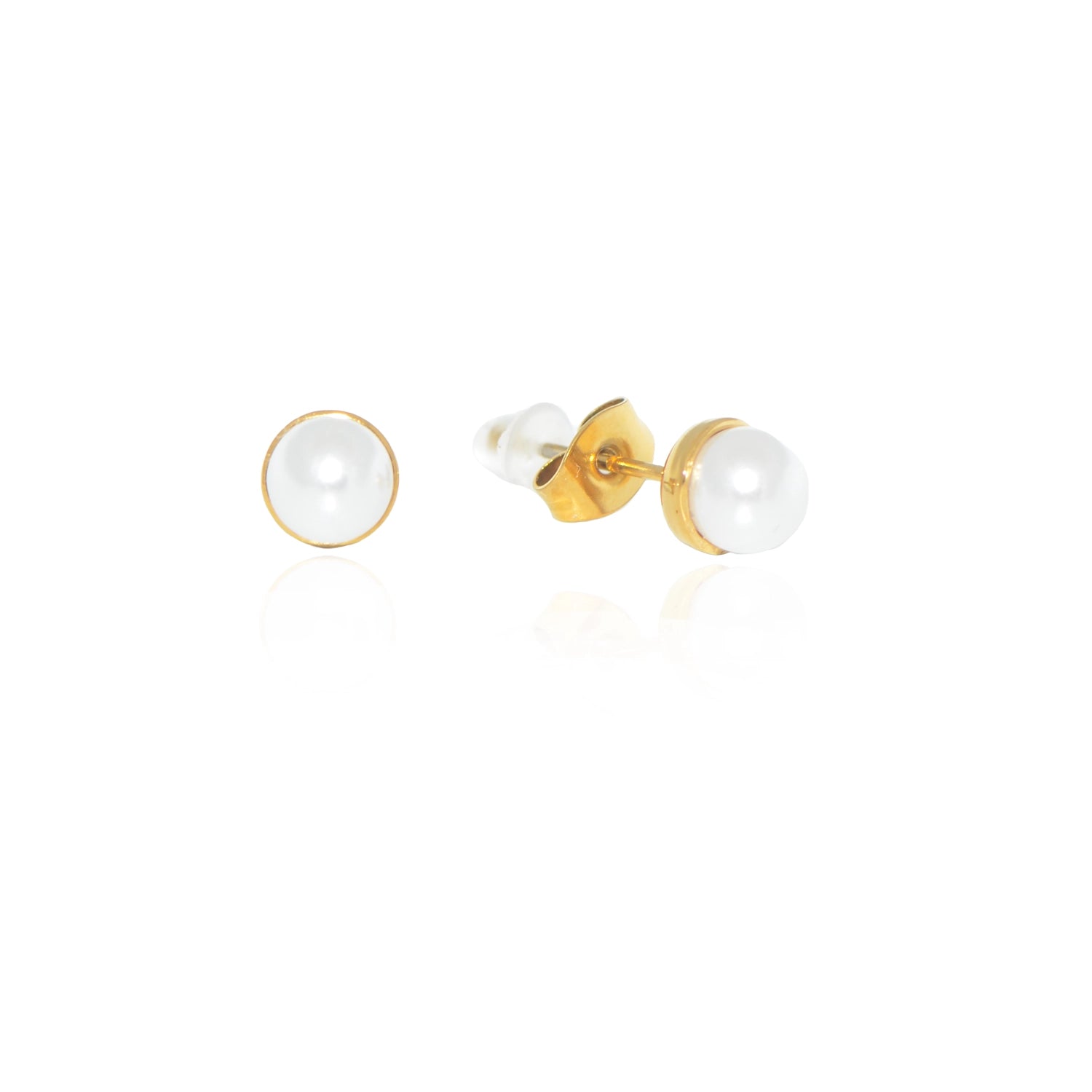 Edelstahl Ohrstecker mit weißer Perlenoptik Goldfarben 6 mm