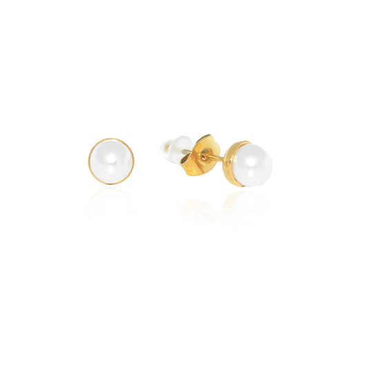 Edelstahl Ohrstecker mit weißer Perlenoptik Goldfarben 6 mm