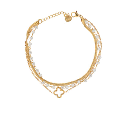 3-reihiges Edelstahl Armband in Goldfarbe mit Perlen und Blumenanhänger