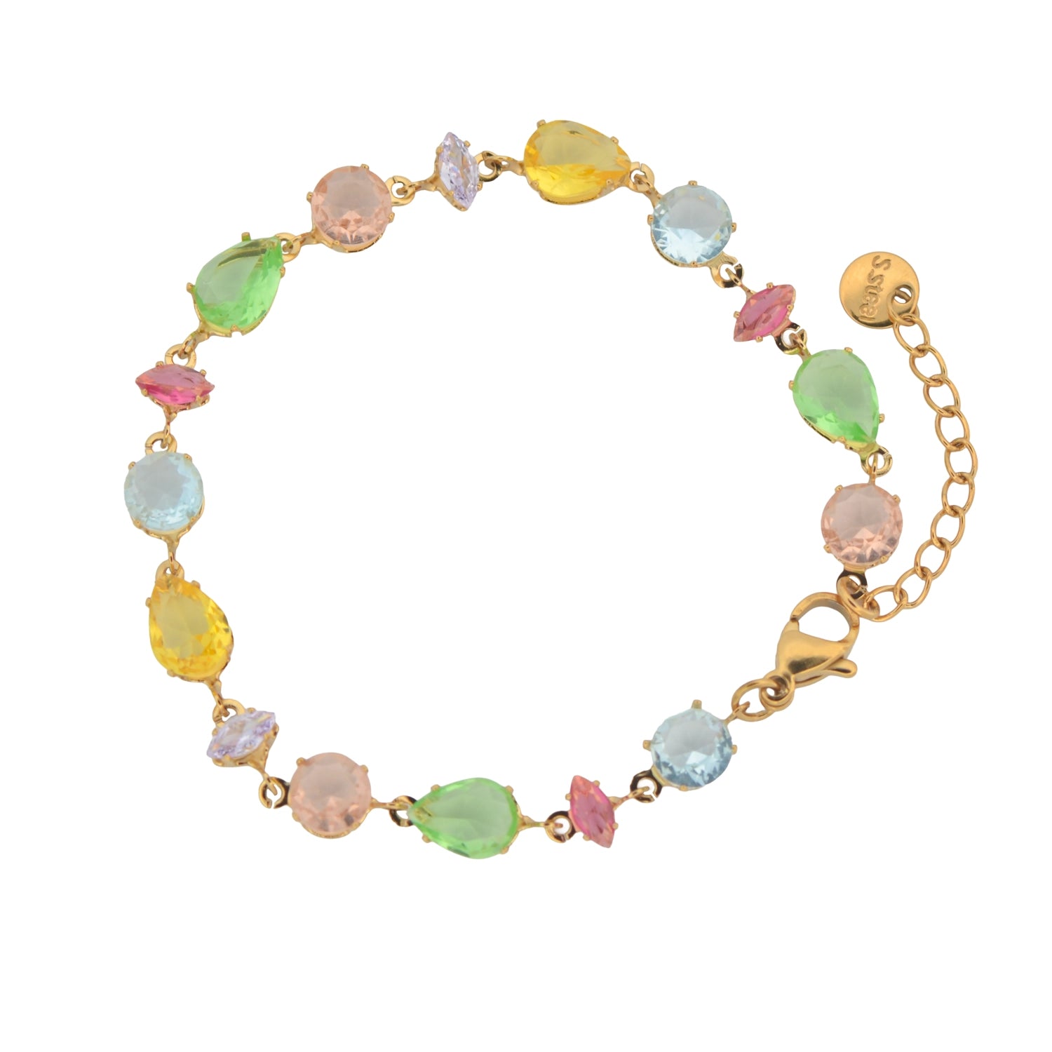 Buntes Edelstahl Armband in Goldfarbe mit farbigen Zirkonia-Steinen