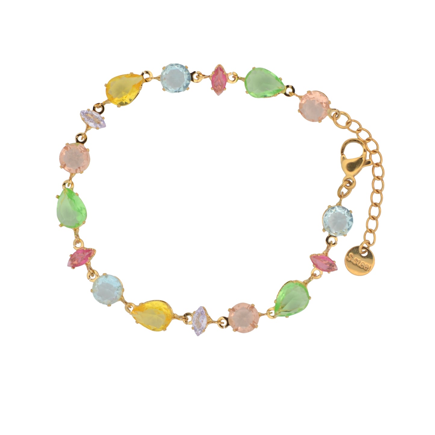 Buntes Edelstahl Armband in Goldfarbe mit farbigen Zirkonia-Steinen