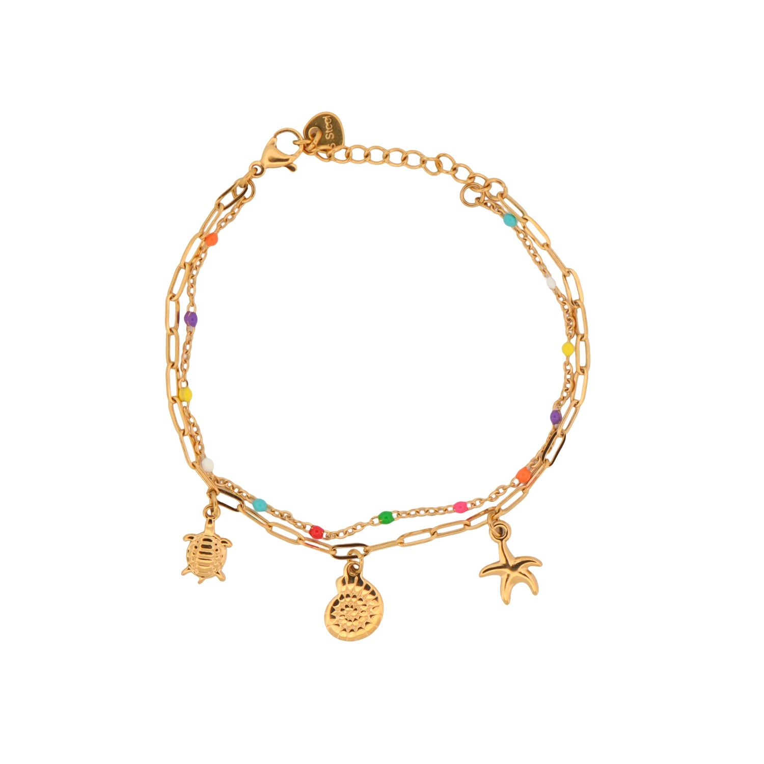 Elegantes Doppelarmband aus Edelstahl in Goldfarbe mit Seestern, Muschel und bunten Perlen. Wasserfest, rostfrei, hautfreundlich und perfekt für Alltag, Ferien und Sommer.