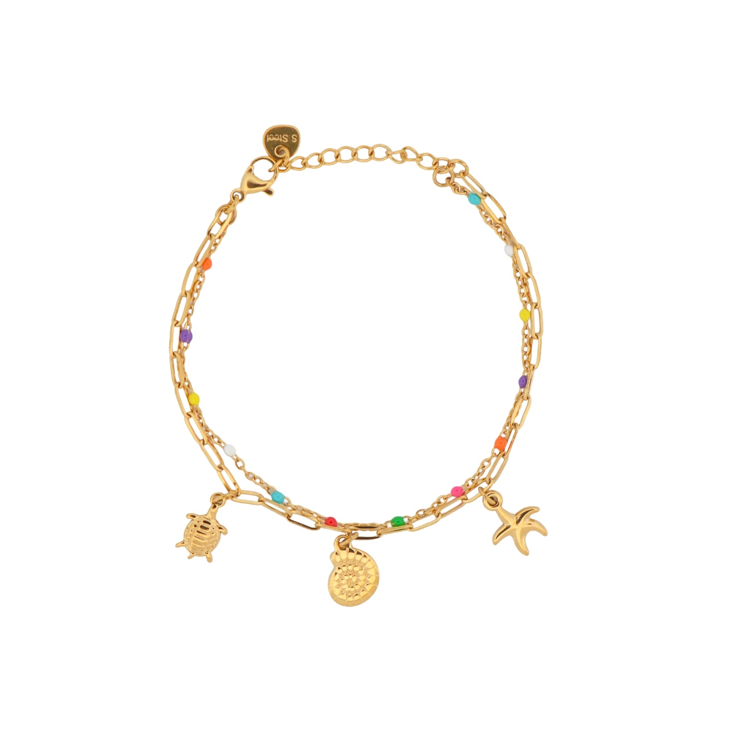 Elegantes Doppelarmband aus Edelstahl in Goldfarbe mit Seestern, Muschel und bunten Perlen. Wasserfest, rostfrei, hautfreundlich und perfekt für Alltag, Ferien und Sommer.