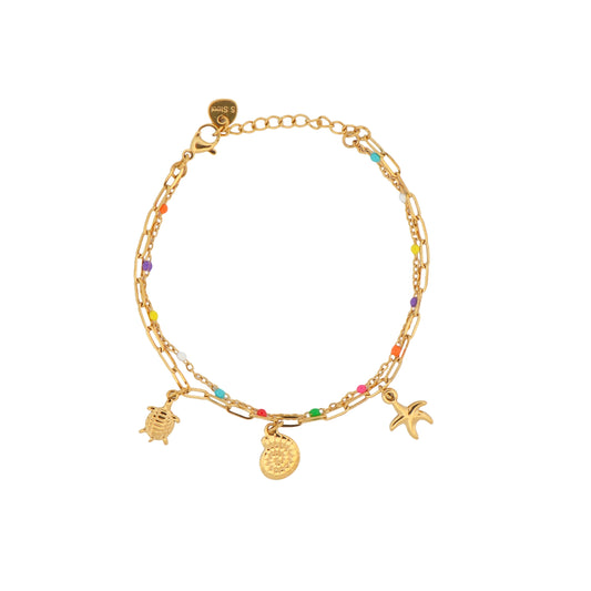 Elegantes Doppelarmband aus Edelstahl in Goldfarbe mit Seestern, Muschel und bunten Perlen. Wasserfest, rostfrei, hautfreundlich und perfekt für Alltag, Ferien und Sommer.