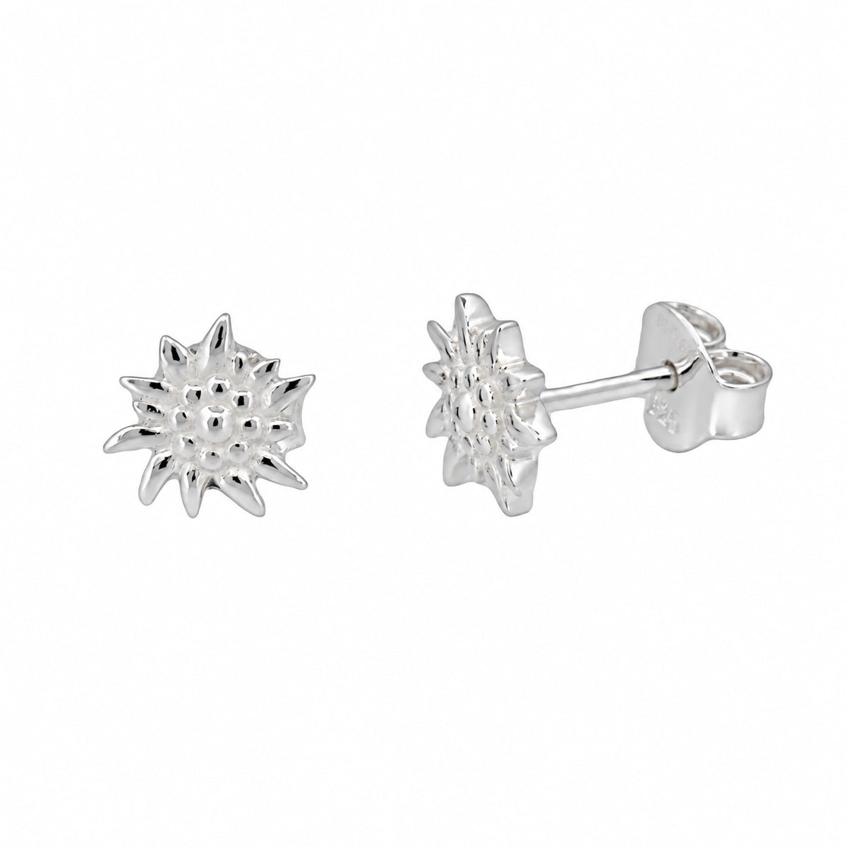 Edelweiss Ohrstecker aus 925 Sterling Silber, 7 mm, Vorder- und Seitenansicht
