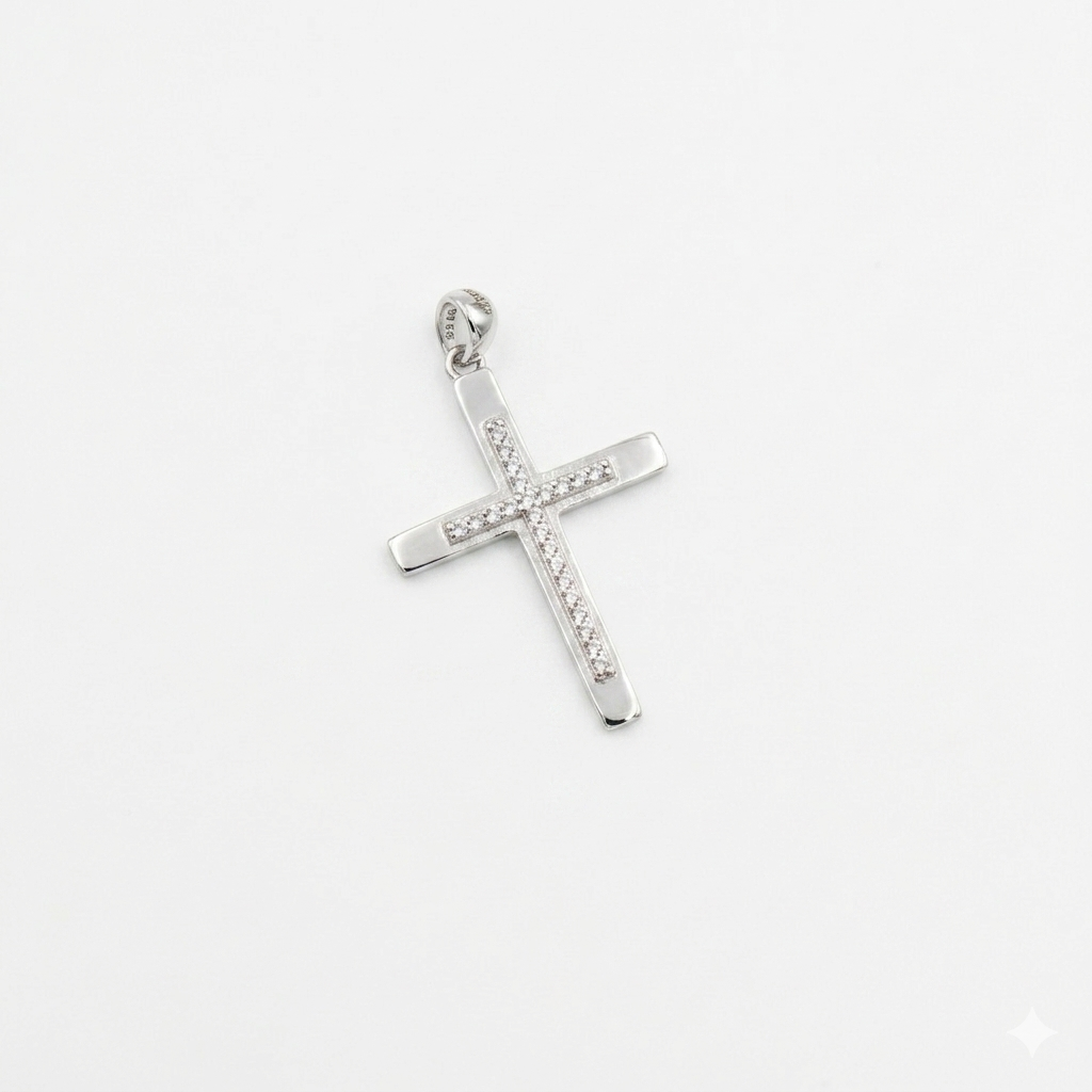 Eleganter Kreuz Anhänger aus Silber 925 mit weißen Zirkonia-Steinen für Damen und Herren im klassischen Design.