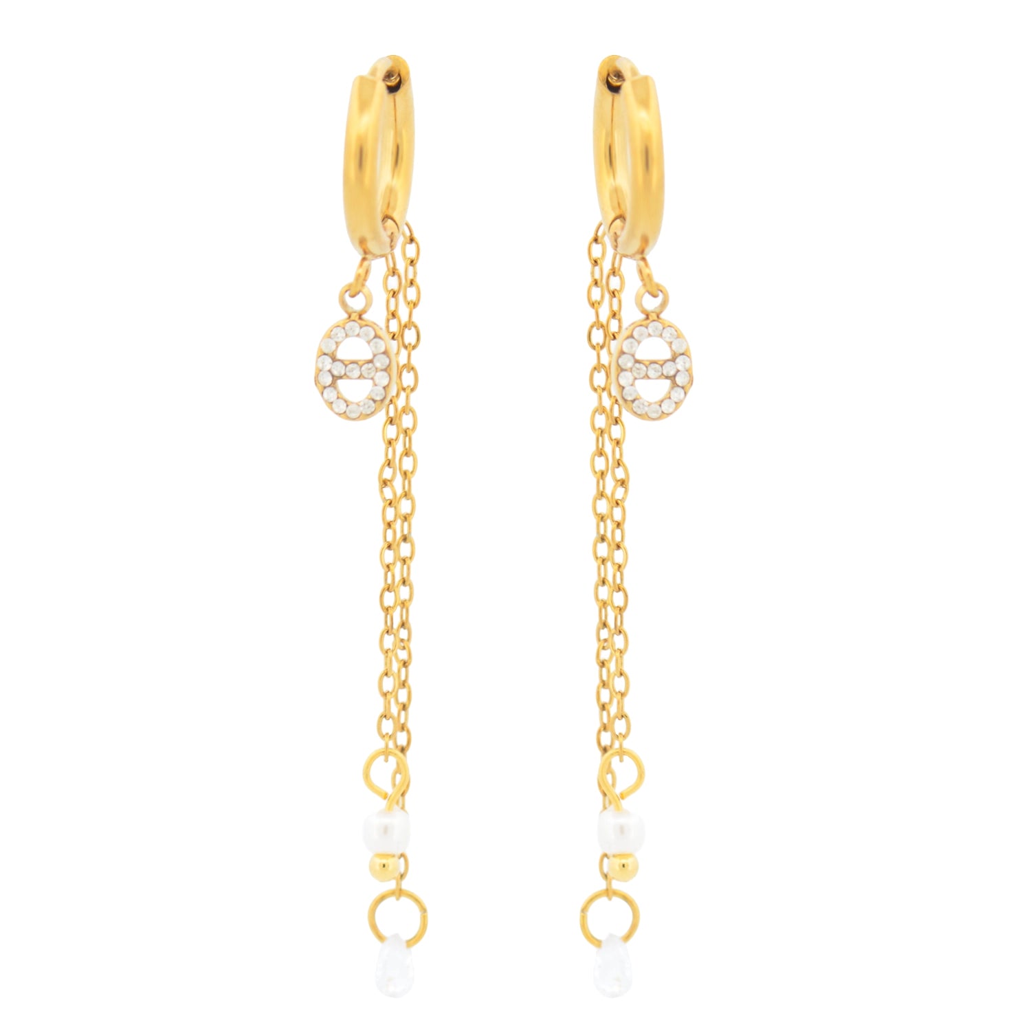 Diese hängenden Edelstahl Ohrringe in Goldfarbe vereinen funkelnde weiße Zirkonia mit einer eleganten Perle. Mit einer Länge von 55 mm sind sie besonders leicht und verleihen jedem Outfit einen stilvollen Look.