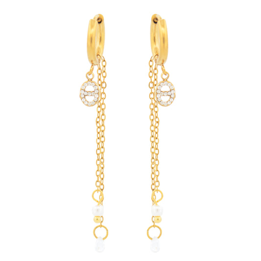 Diese hängenden Edelstahl Ohrringe in Goldfarbe vereinen funkelnde weiße Zirkonia mit einer eleganten Perle. Mit einer Länge von 55 mm sind sie besonders leicht und verleihen jedem Outfit einen stilvollen Look.