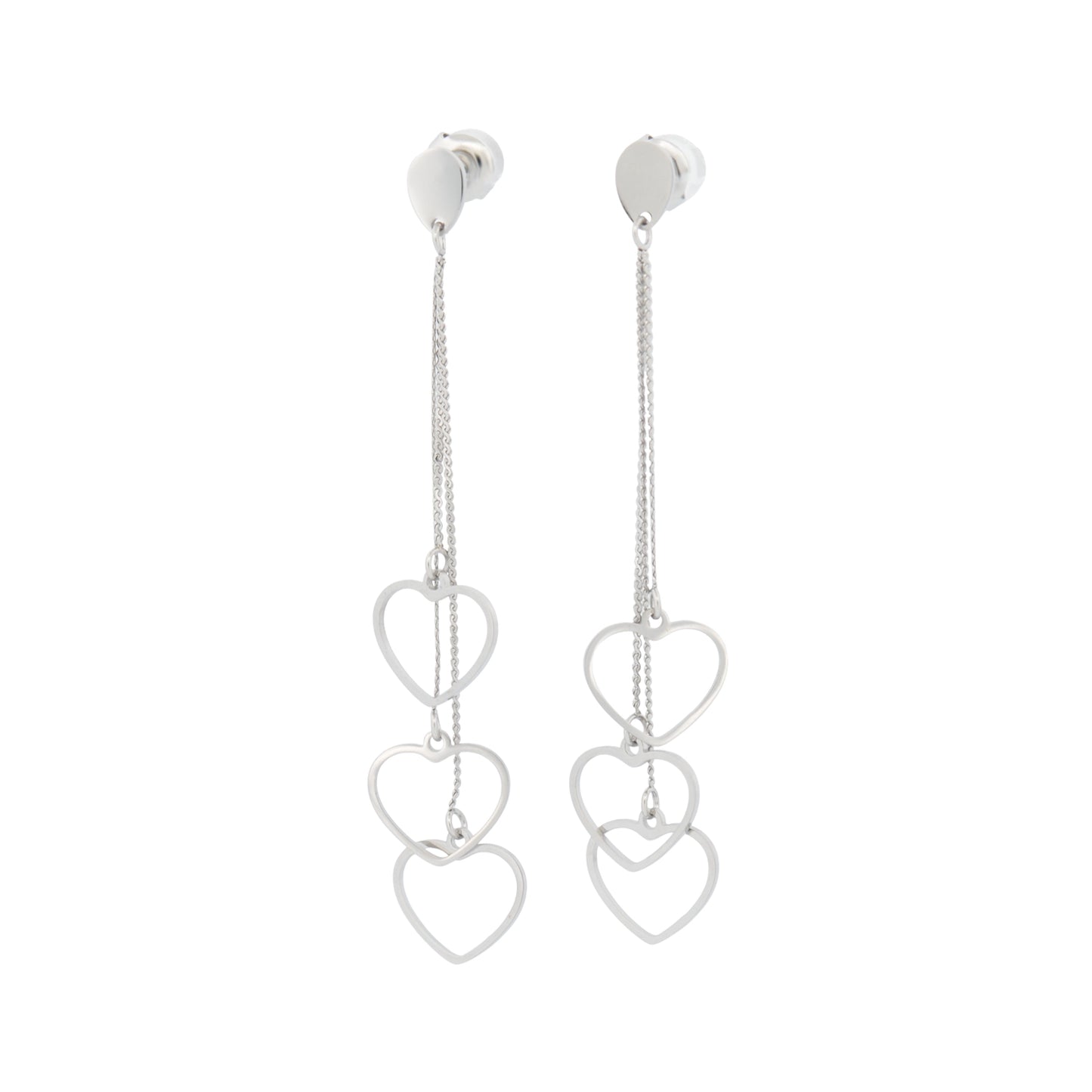 Diese hängenden Edelstahl Ohrringe mit Herzen in Silberfarbe setzen mit ihren offenen Herzanhängern einen romantischen Akzent. Mit einer Gesamtlänge von ca. 7 cm sind sie trotz ihrer Länge sehr leicht und angenehm zu tragen. Wasserfest, rostfrei, hautfreundlich und langlebig.