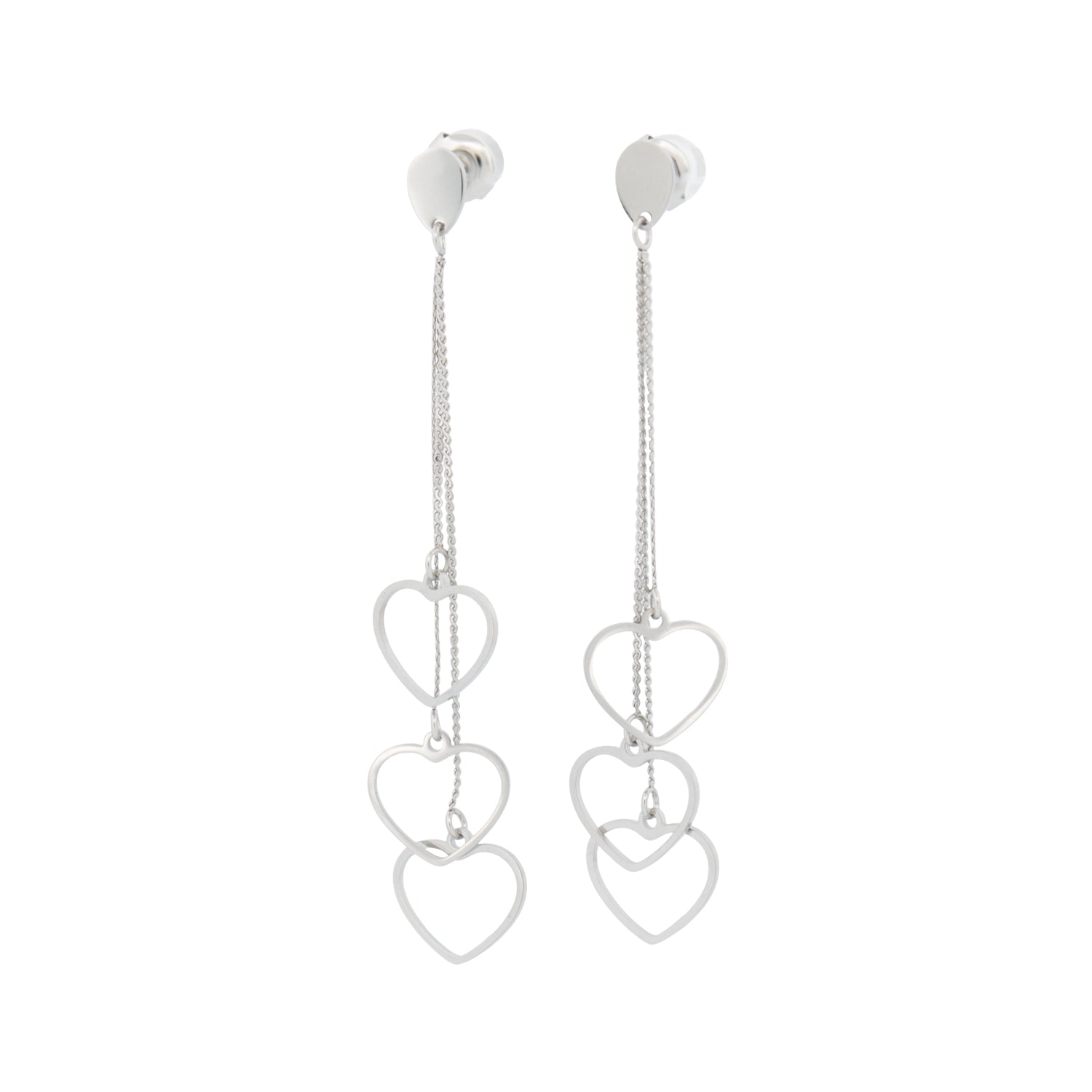 Diese hängenden Edelstahl Ohrringe mit Herzen in Silberfarbe setzen mit ihren offenen Herzanhängern einen romantischen Akzent. Mit einer Gesamtlänge von ca. 7 cm sind sie trotz ihrer Länge sehr leicht und angenehm zu tragen. Wasserfest, rostfrei, hautfreundlich und langlebig.