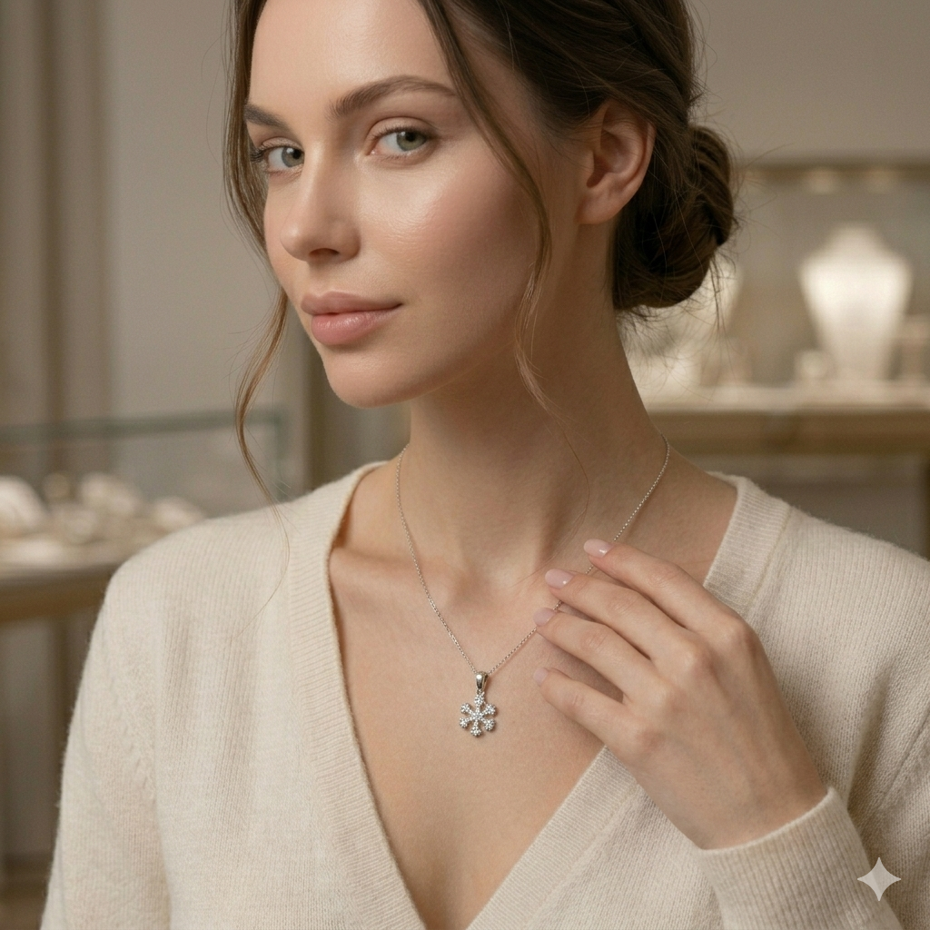 Filigraner Schneeflocken Anhänger aus 925 Silber mit weissen Zirkonia und Rhodinierung. Feiner Silberschmuck bei Everyday Schmuck.