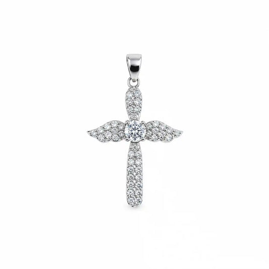 Kreuz Anhänger aus Silber 925 mit weißen Zirkonia-Steinen im eleganten Engelsflügel Stil für Damen, Herren und Unisex Looks.