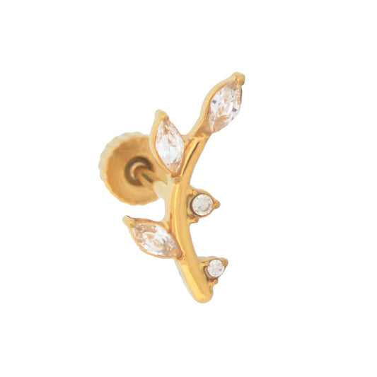 Goldfarbenes Ohrpiercing aus Edelstahl im Zweigdesign mit weißen Zirkonia und Schraubverschluss