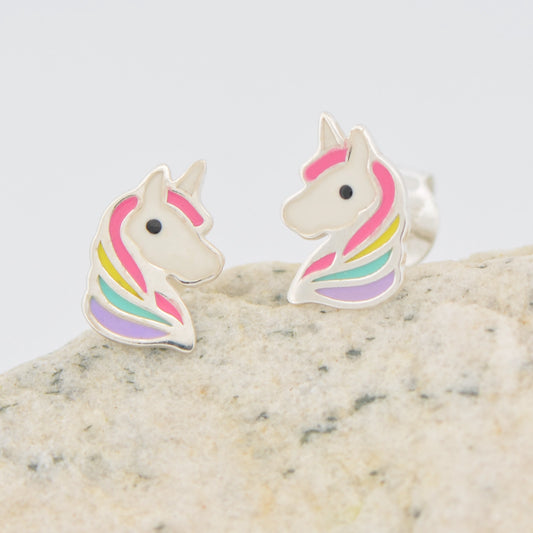 Einhorn Ohrstecker für Kinder aus Silber 925 mit Regenbogen-Emaille auf Stein