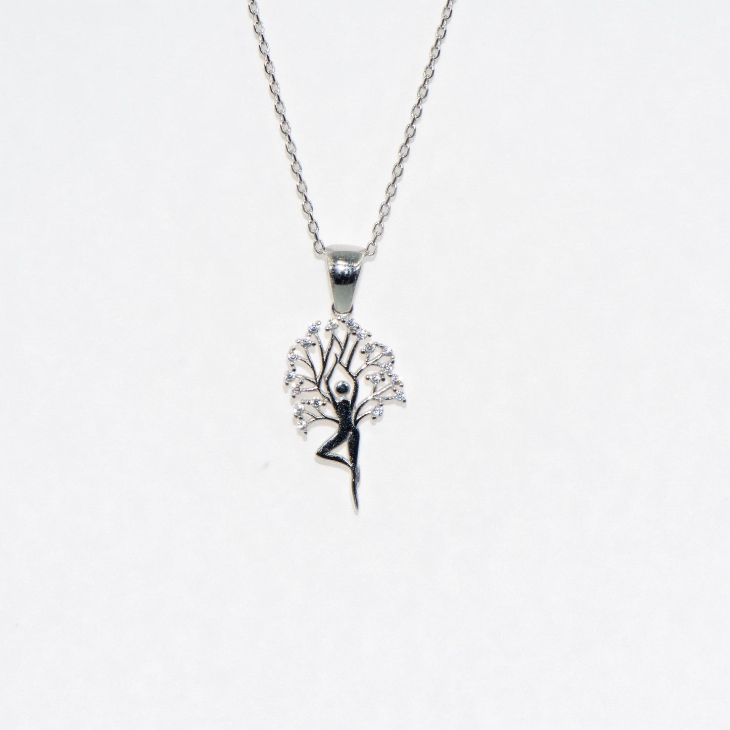 Silber Halskette mit Ballerina Anhänger und Baum Motiv aus 925 Silber mit Zirkonia