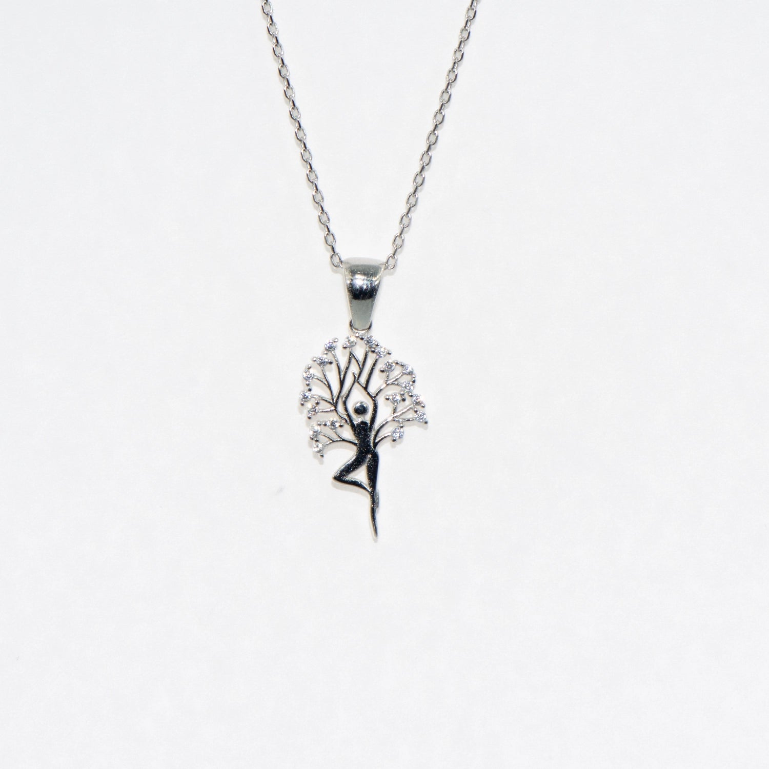 Silber Halskette mit Ballerina Anhänger und Baum Motiv aus 925 Silber mit Zirkonia