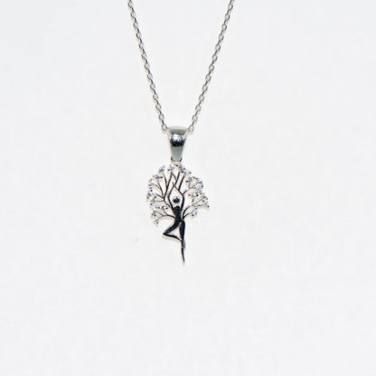 Silber Halskette mit Ballerina Anhänger und Baum Motiv aus 925 Silber mit Zirkonia