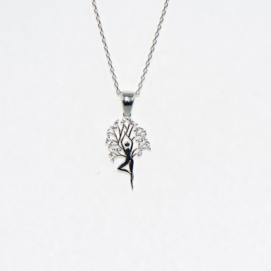 Silber Halskette mit Ballerina Anhänger und Baum Motiv aus 925 Silber mit Zirkonia