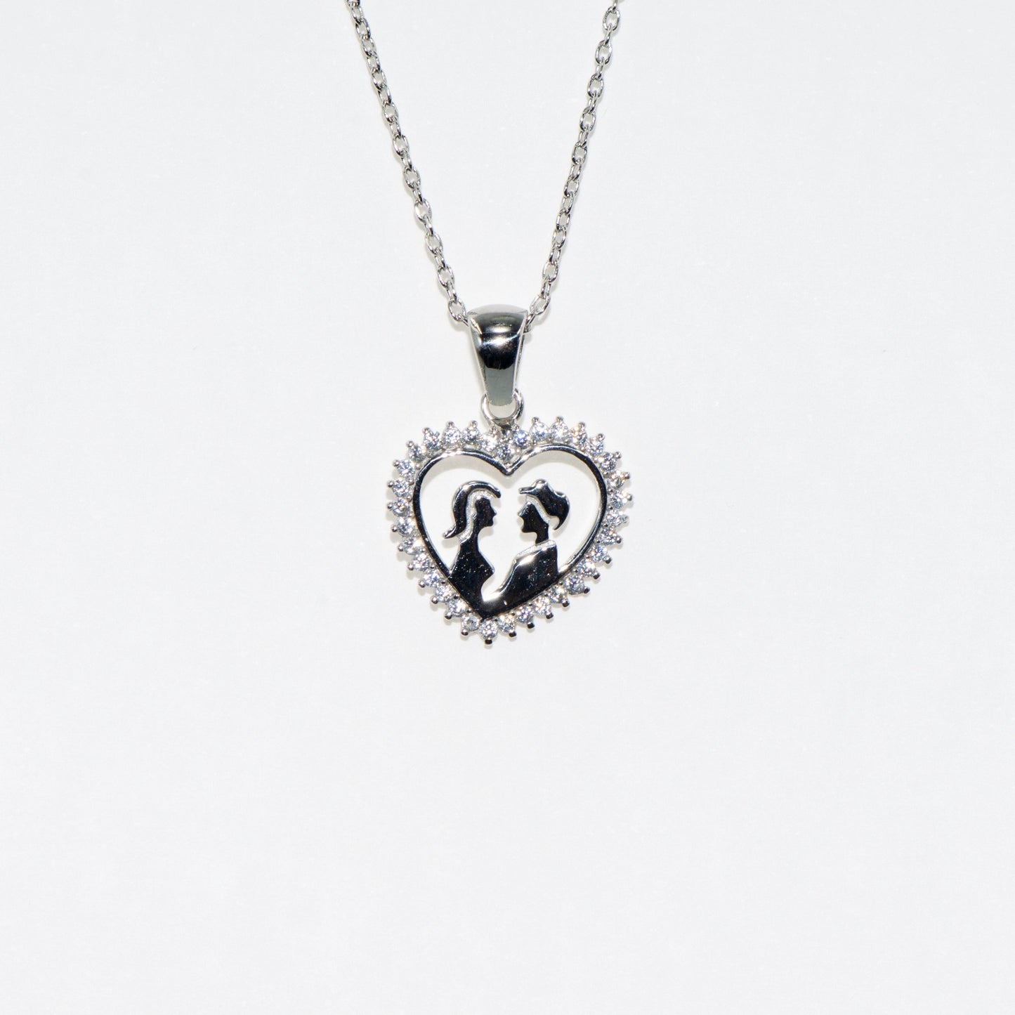 Silber Halskette mit Herz Anhänger und Paar Motiv aus 925 Silber mit Zirkonia