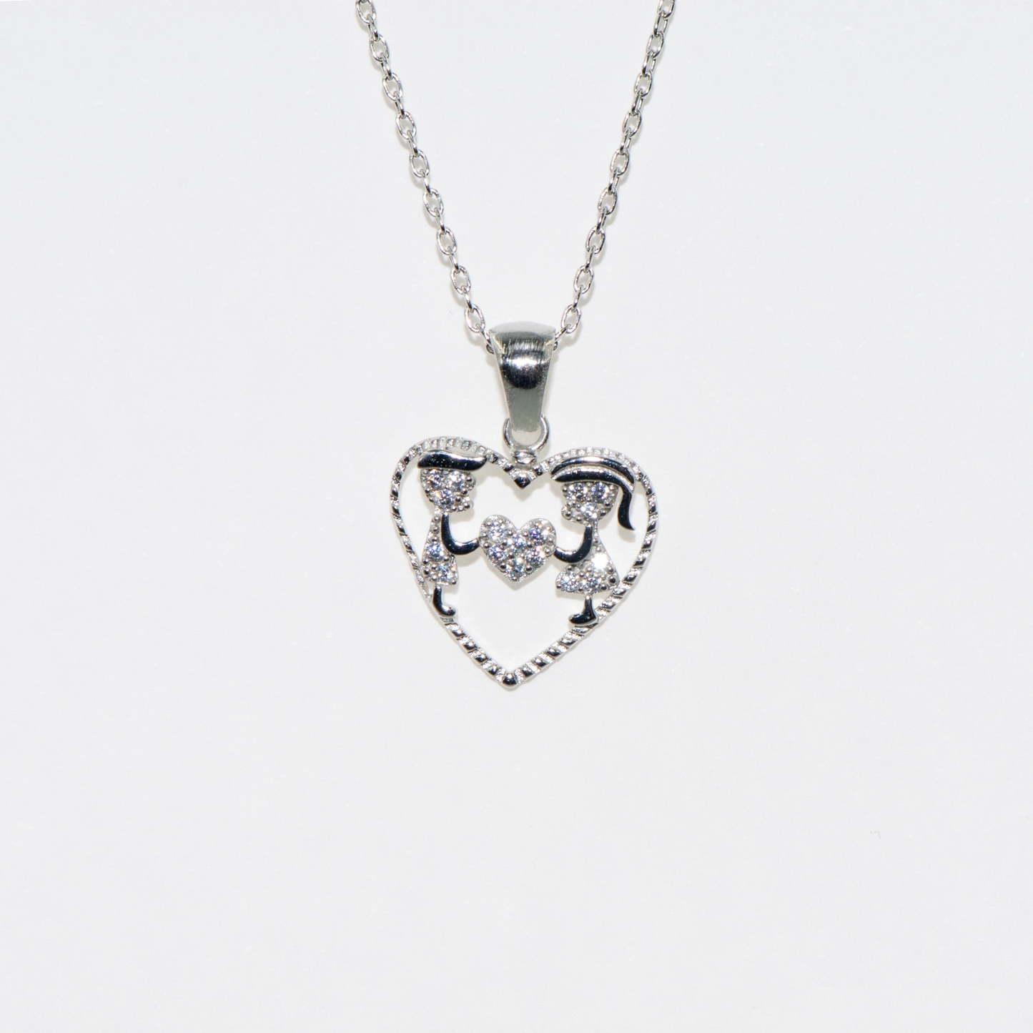 Silber Halskette mit Herz Anhänger und Paar Motiv aus 925 Silber mit Zirkonia