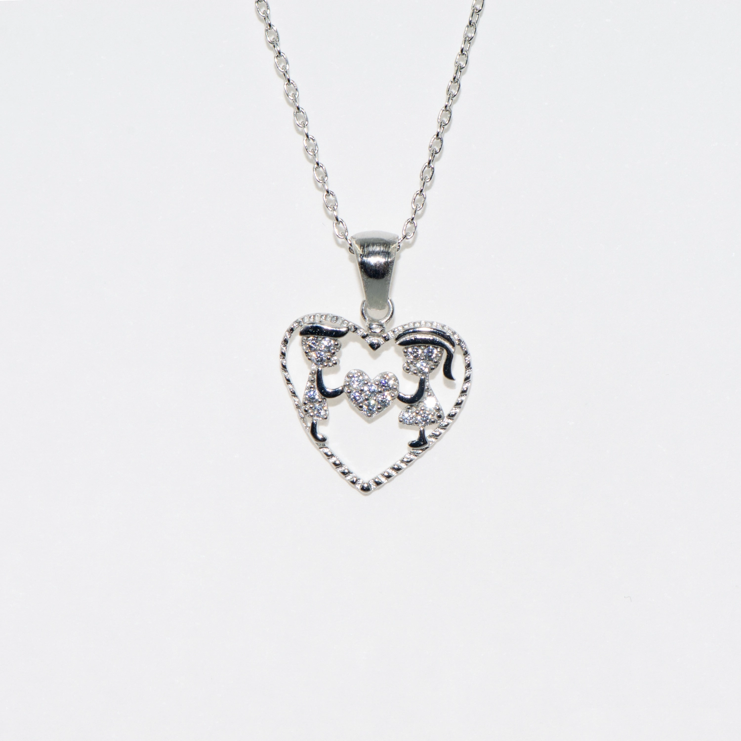 Silber Halskette mit Herz Anhänger und Paar Motiv aus 925 Silber mit Zirkonia