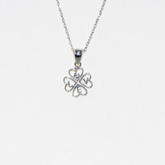 Silber Halskette mit Kleeblatt Anhänger und LOVE-Schriftzug aus 925 Silber mit Zirkonia